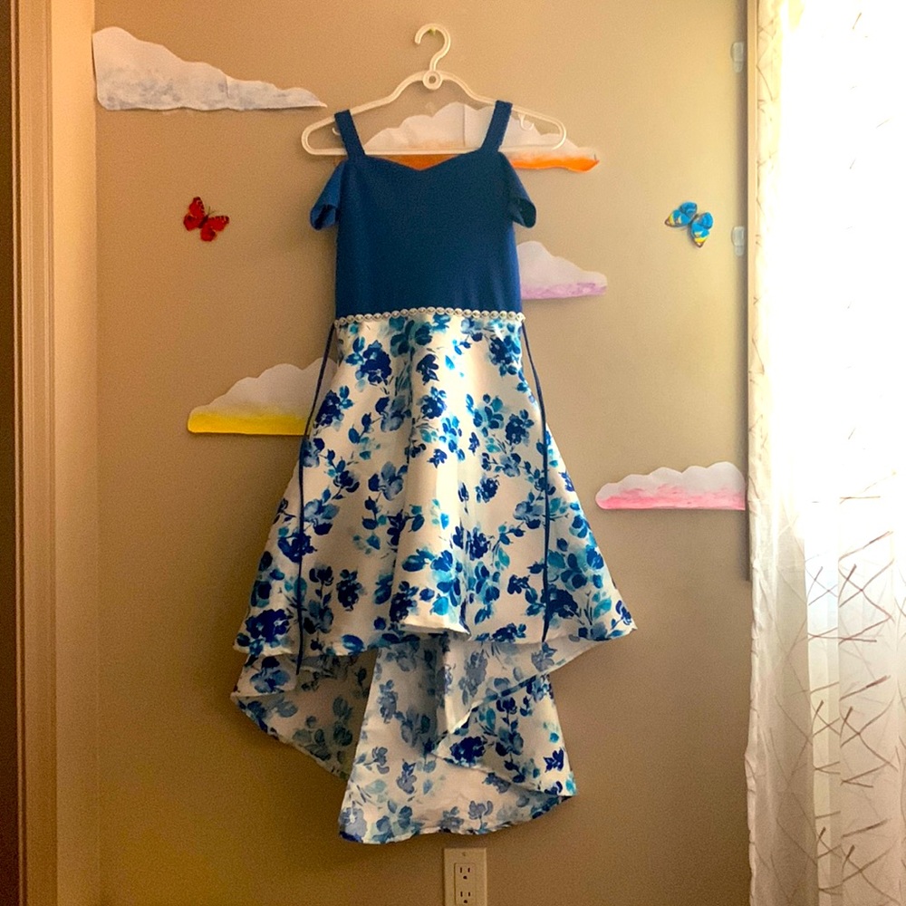 Blue and white formal dress.